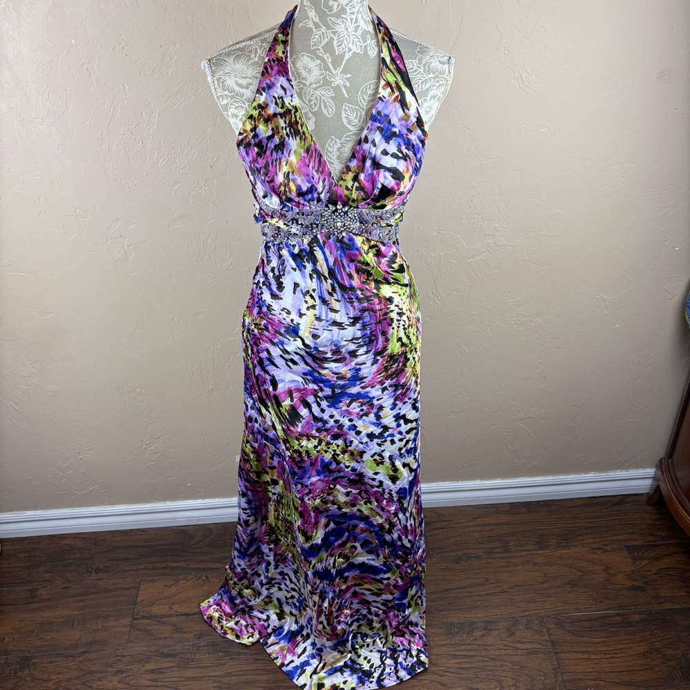 Masquerade Colorful Animal Print Halter Prom Dress Crystal Embellishment Long 6